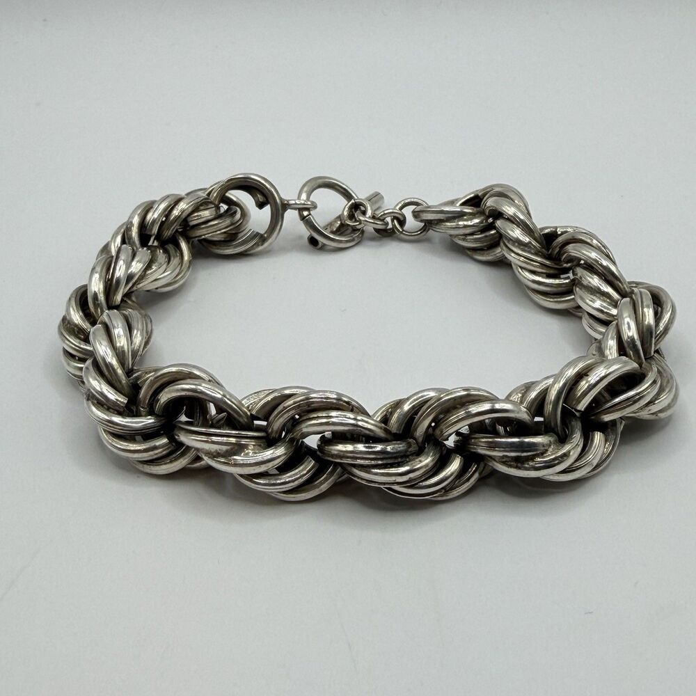 Vintage Sterling Silver 925 Heavy Rope Link Toggle Bracelet 8" 44.8g